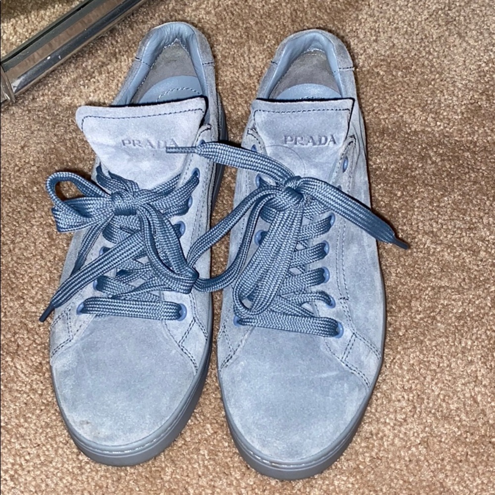 Powder blue suede Prada sneakers